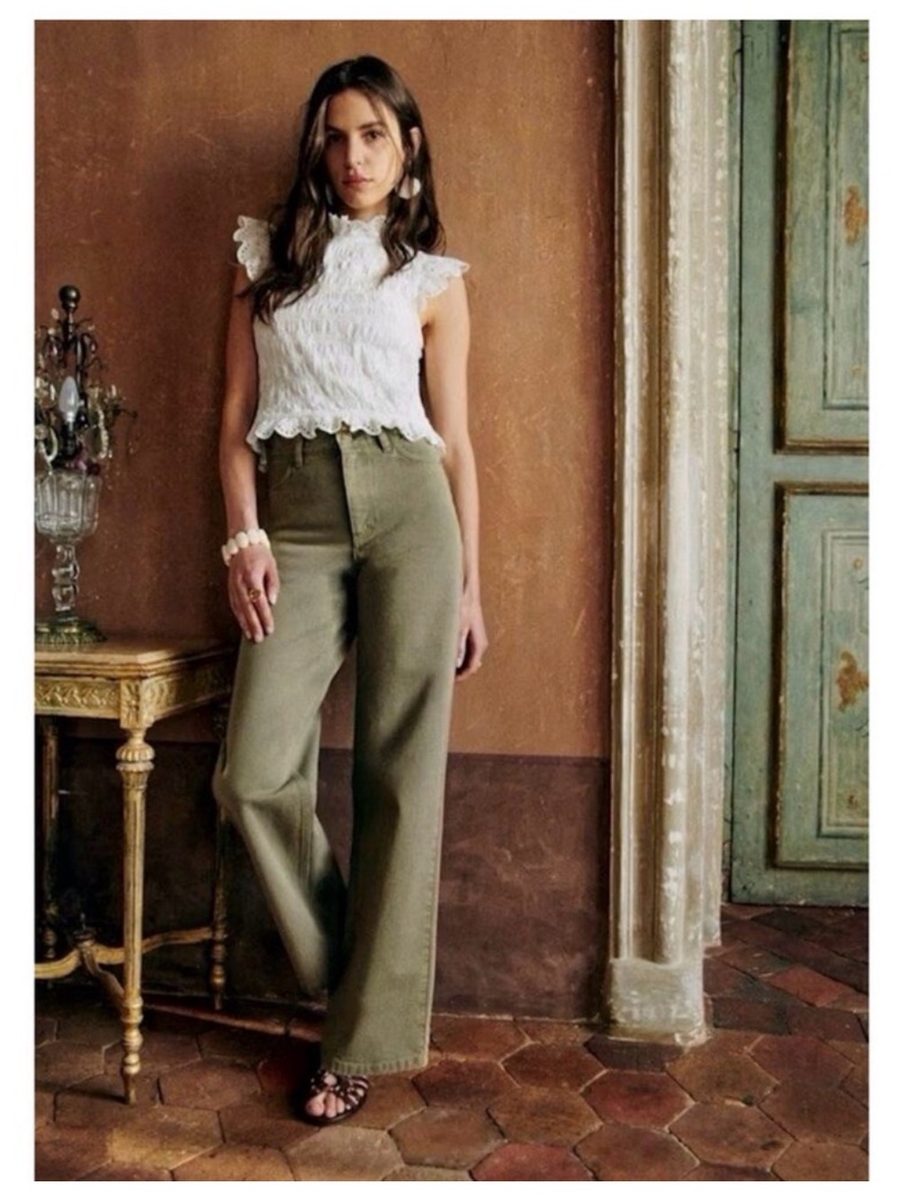 Sézane high-Waist Olive Green Wide Leg Pants 38